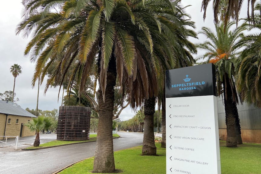 Signage for a winery in front of palm trees