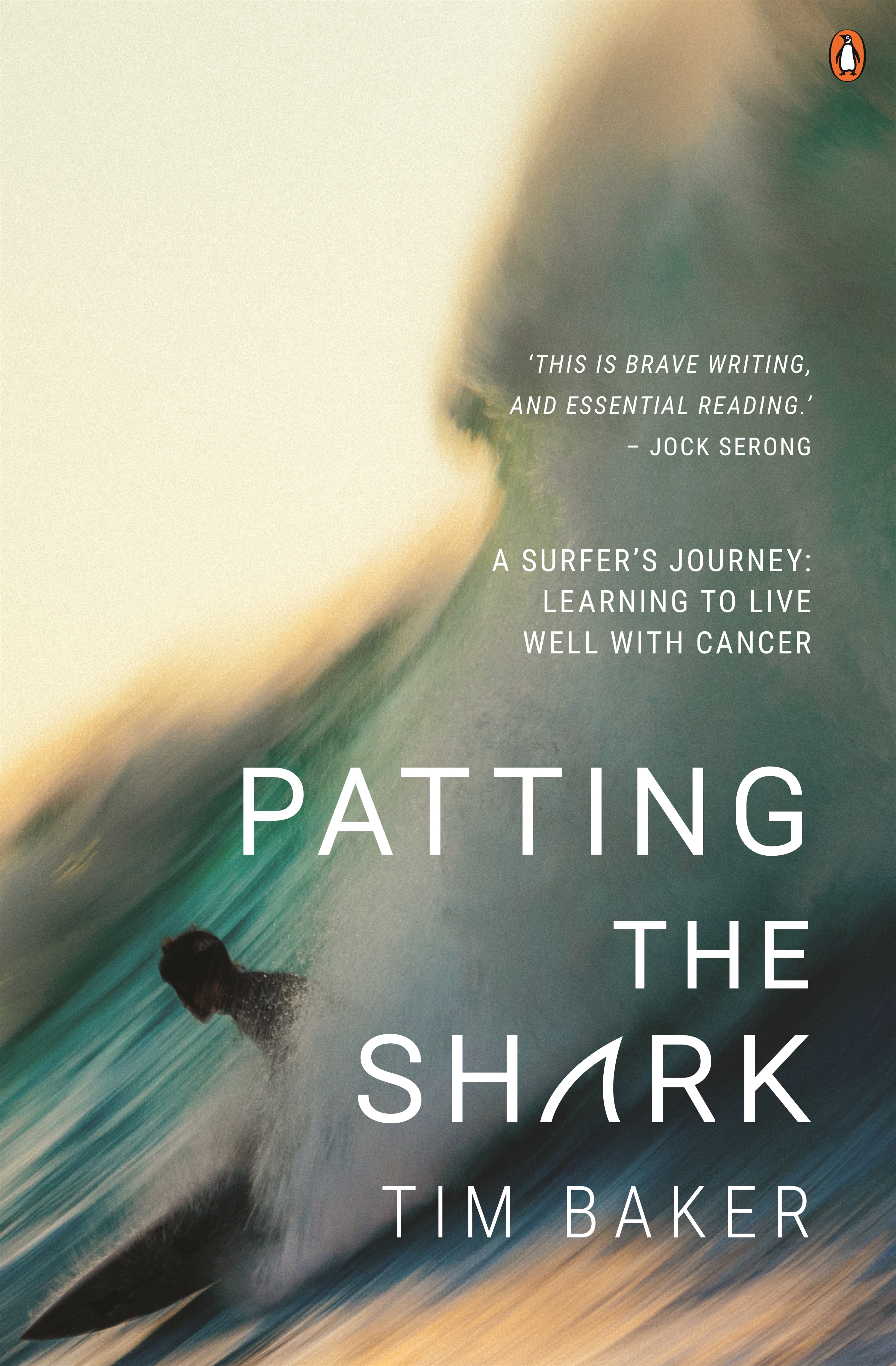 The cover of Patting the Shark by Tim Baker, featuring a surfer riding a wave