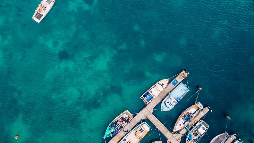 A drone photo of yachts in a marina.