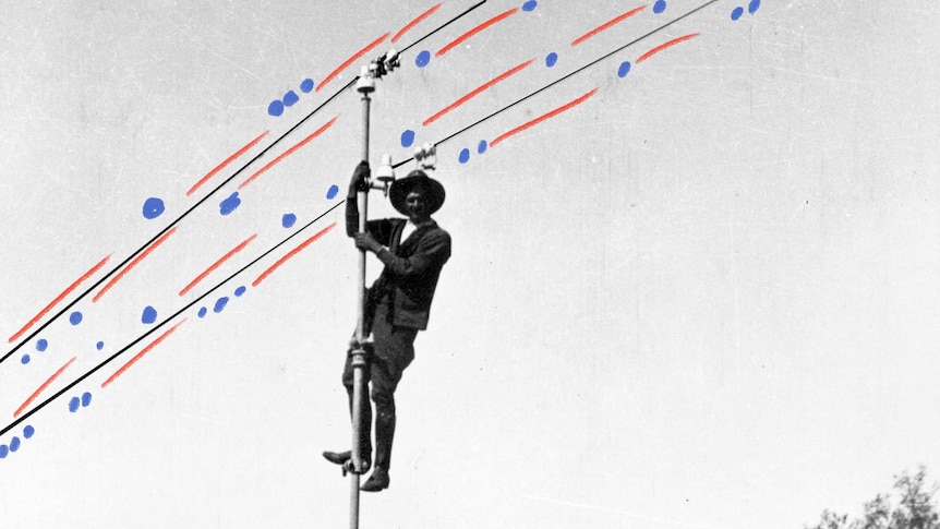 A man clings to the top of a telegraph pole while illustrated Morse code signals travel over the wires.