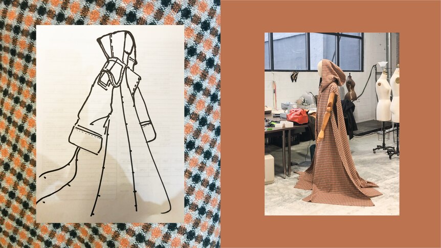 A sketch of a checked coat in the Changeling, and a mannequin wearing the coat as it's being made.