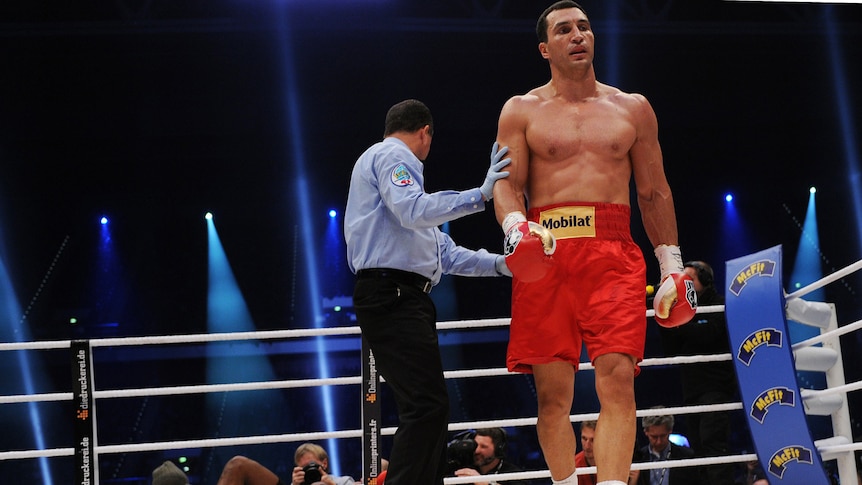 Ukrainian heavyweight boxing world champion Wladimiar Klitschko knocks out Jean-Marc Momeck.