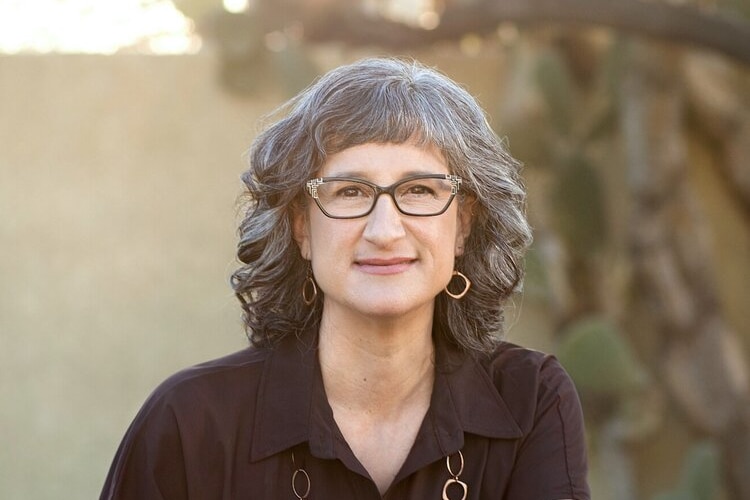 Head and shoulder shot of woman with grey hair, wearing glasses and brown top smiling to camera. 
