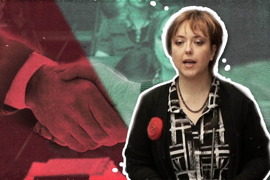 Former Tasmanian premier Lara Giddings speaks with a graphic of two hands shaking behind her.