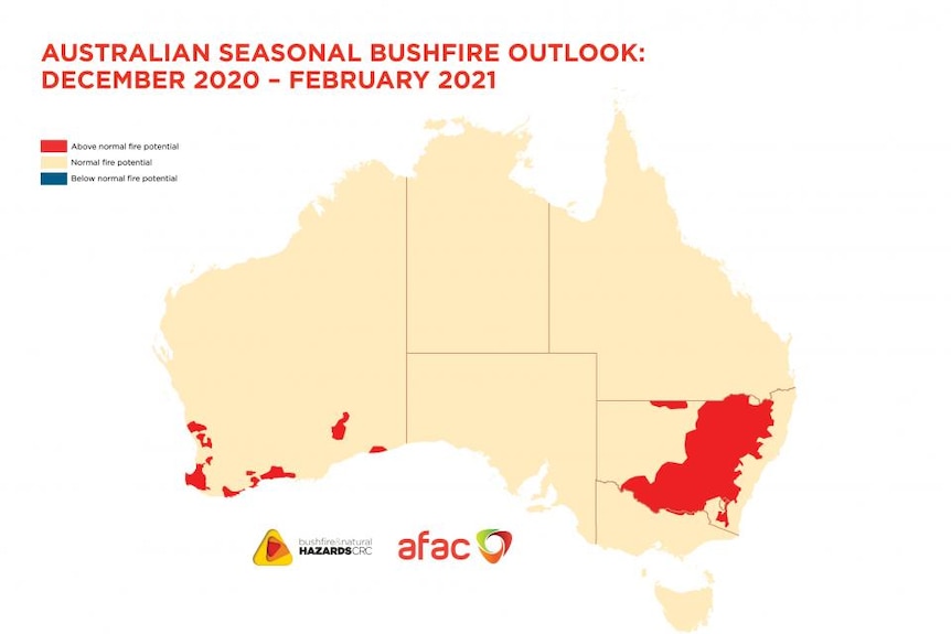 map showing Western Australia having above average fire potential