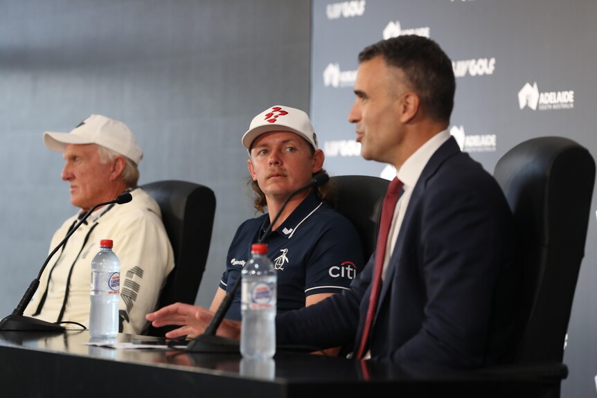 LIV Golf boss Greg Norman, golfer Cameron Smith and South Australia Premier Peter Malinauskas at a LIV event in Adelaide.