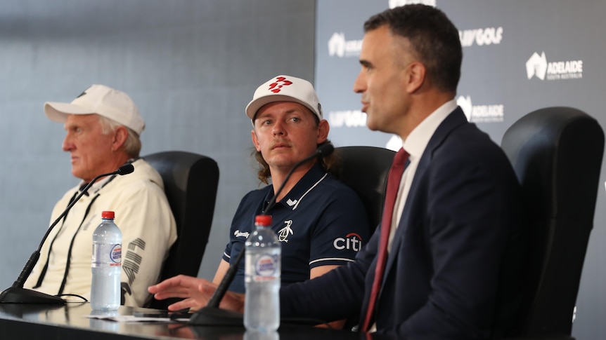 LIV Golf boss Greg Norman, golfer Cameron Smith and South Australia Premier Peter Malinauskas at a LIV event in Adelaide.