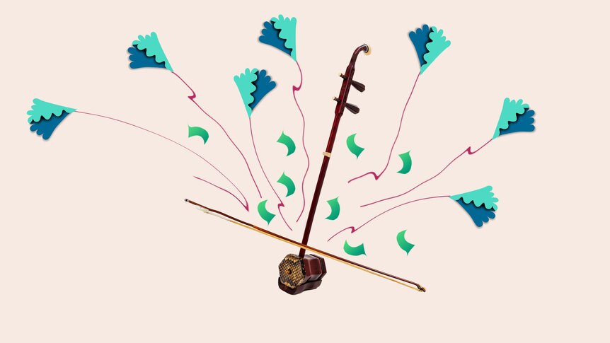 Wooden erhu with long neck and bow on beige background, with green and blue flourishes suggesting movement and energy. 