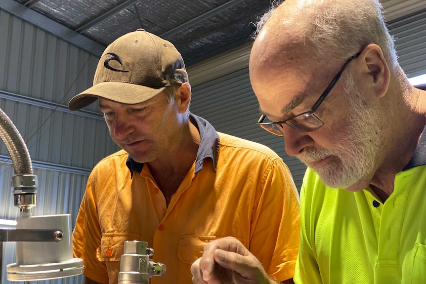 Two men, one wearing glasses, the other wearing a cap, wear hi-vis as they lean over stainless steel equipment in a shed