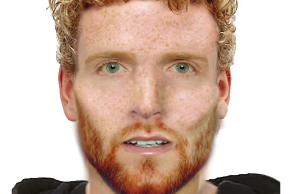 A police composite showing a man with curly red hair, a short red beard, blue eyes and a pale complexion