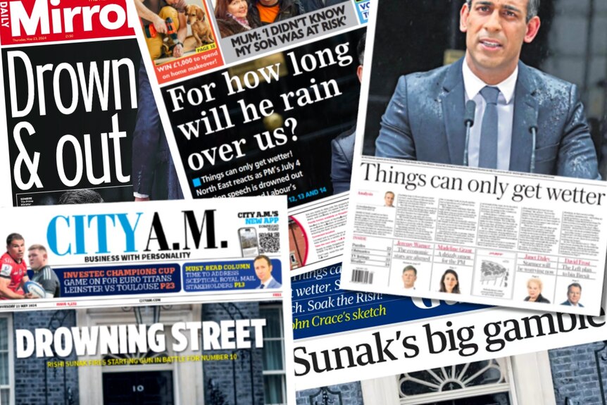 Several newspapers with headlines making puns about water.