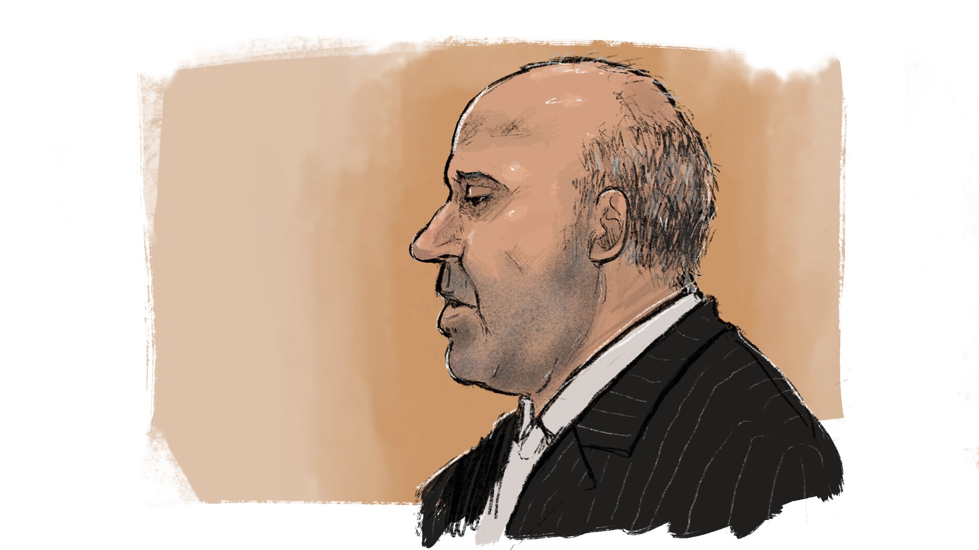 A sketch of Tony Mokbel with stubble and a balding head, facing left wearing a suit.