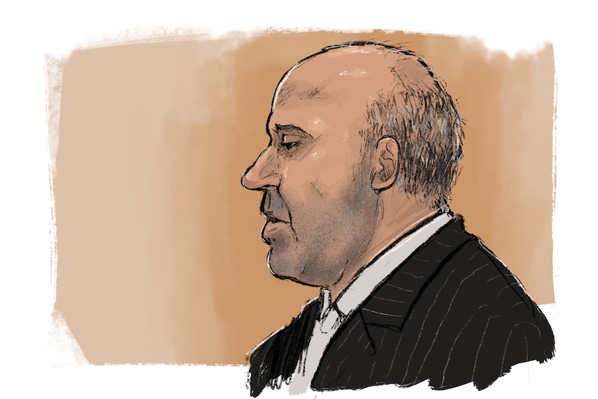 A sketch of Tony Mokbel with stubble and a balding head, facing left wearing a suit.