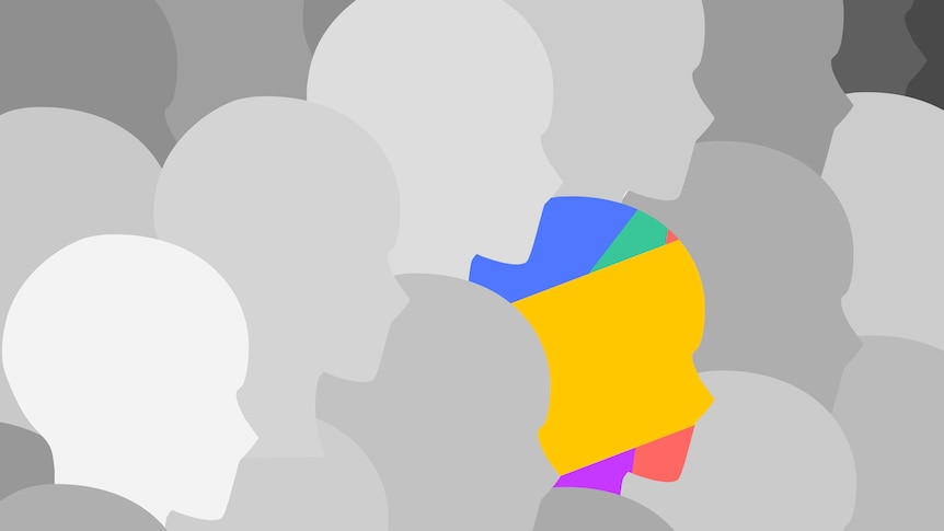 Illustrations of human faces in side profile. They are all grey silhouettes except one that is rainbow.