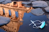 The Colosseum is reflected in a puddle, which has a medical mask sitting in it, on a cobblestone street.