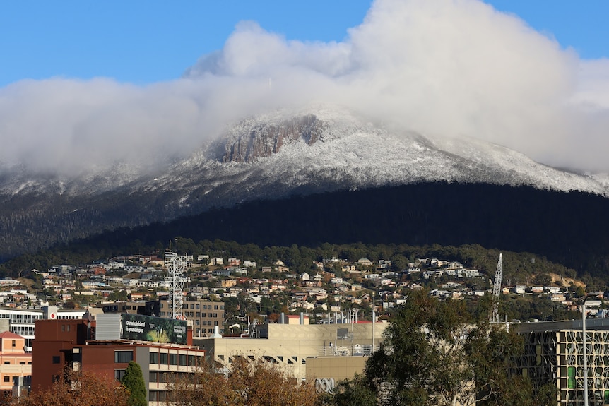 A snow-covered mountain with city buildings and suburban houses in the foreground