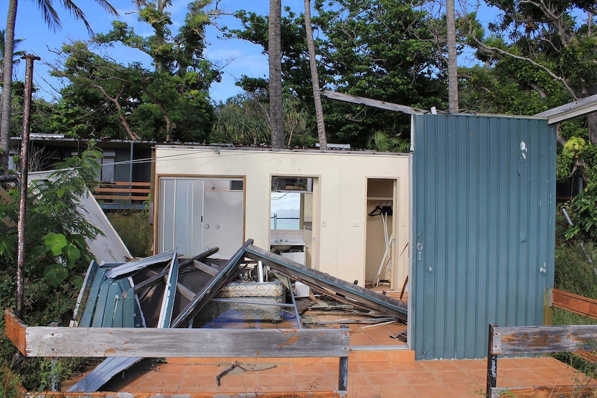 Aerial photo of cyclone-damaged cabin on South Molle Island resort.