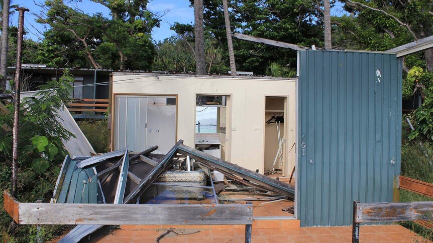 Aerial photo of cyclone-damaged cabin on South Molle Island resort.