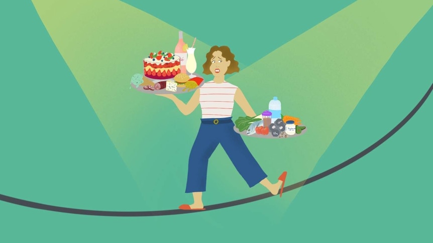 An illustration of a woman on a tightrope balancing a tray of unhealthy food and a tray of healthy food looking confused.