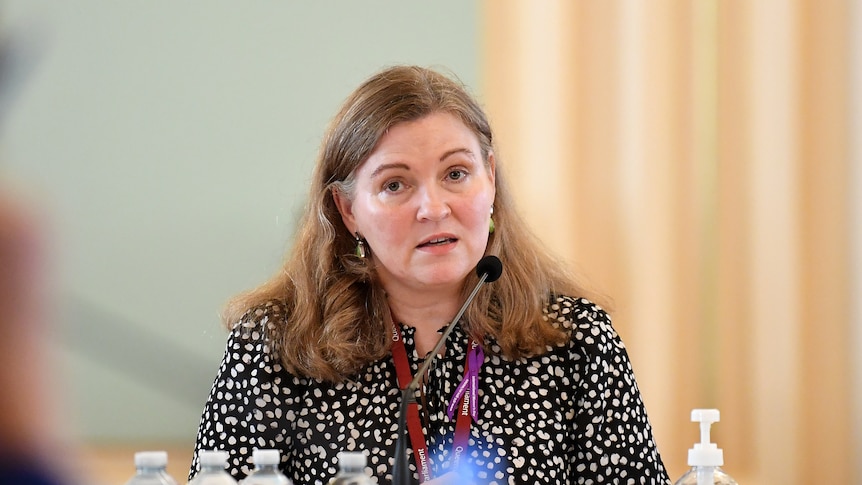 A woman sits before a panel.