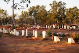 small white gravestones in a red-dirt cemetery at sunset