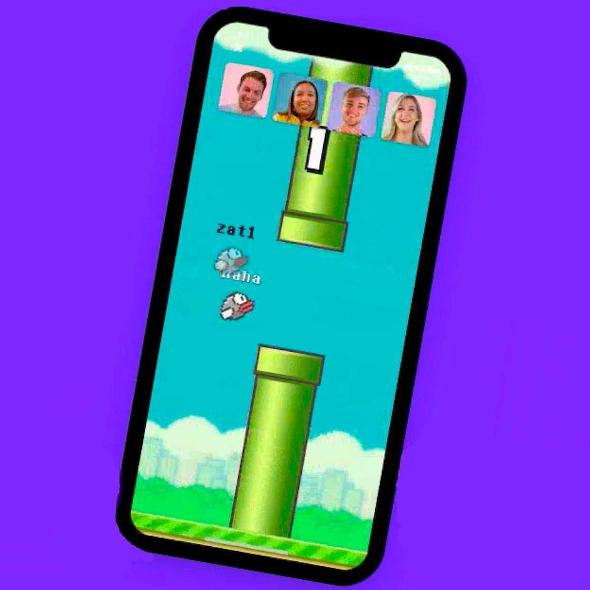 A phone screen shows the Flappy bird game, with multiple players at once.