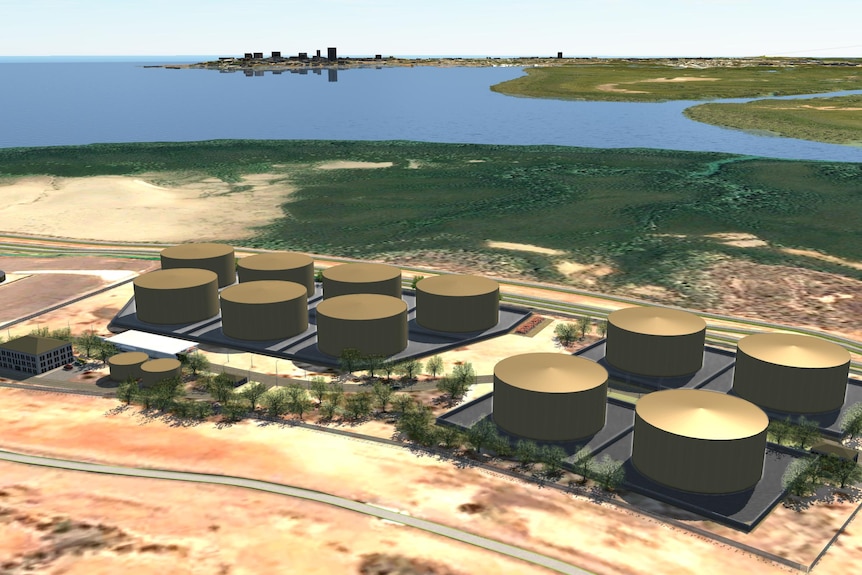 A mock drawing of a fuel storage facility. Darwin can be seen in the background.