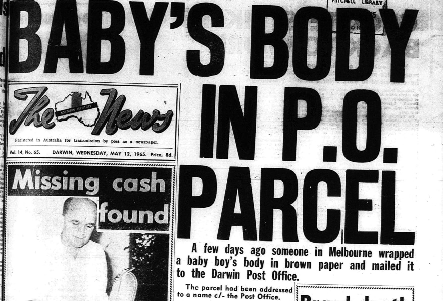 A black-and-white front page of the NT News, with a headline "Baby's Body in P.O. Parcel".