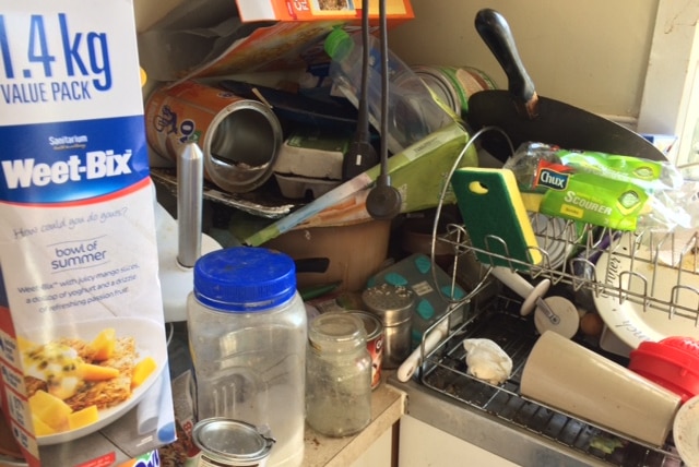 Untidy kitchen in Burnie, Tasmania.