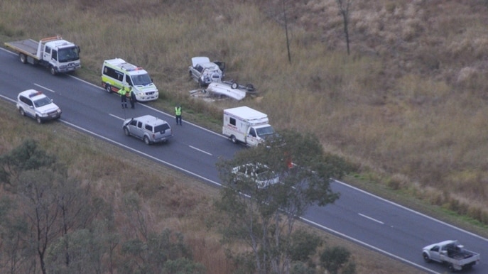 The highway was closed while the rescue helicopter landed to fly the injured man and his wife to the Rockhampton hospital.