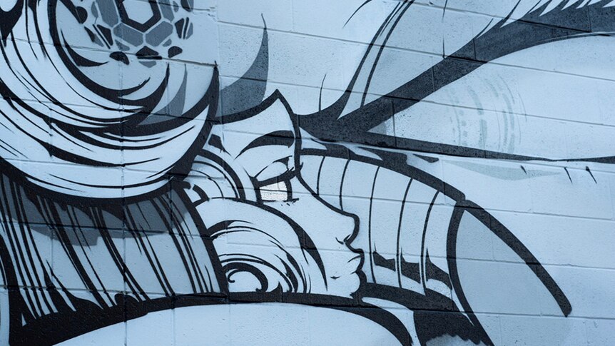 A close up of a mural depicting a woman's face and other symbols in black, white and silver.