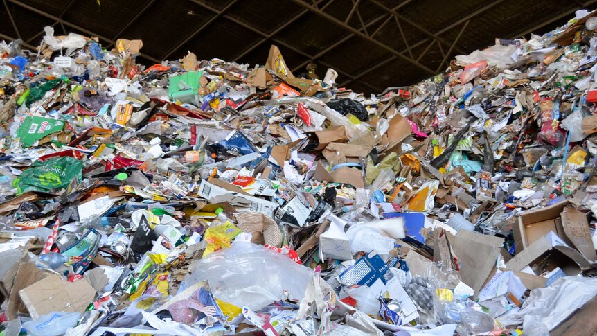 Huge pile of recyclables at the Hume recycling facility
