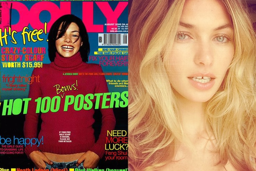 Jess Hart on cover of Dolly Magazine in 2000 beside a recent photo of the model.