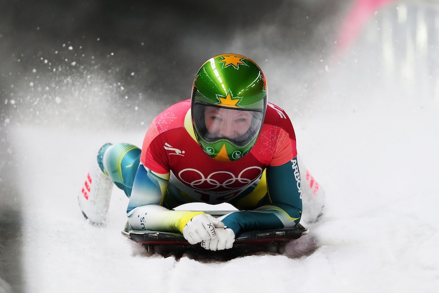 Jackie Narracott finishes her run during the skeleton event.