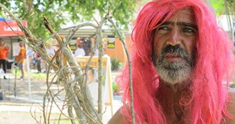 Trevor Jenkins wears a pink wig.