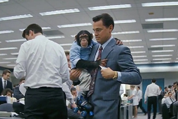 A chimpanzee with Leonardo DiCaprio in the Wolf of Wall Street.
