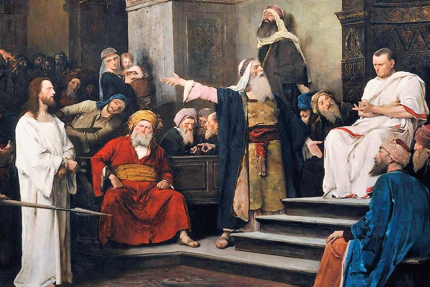 A historical painting depicting Jesus Christ before Pontius Pilate.