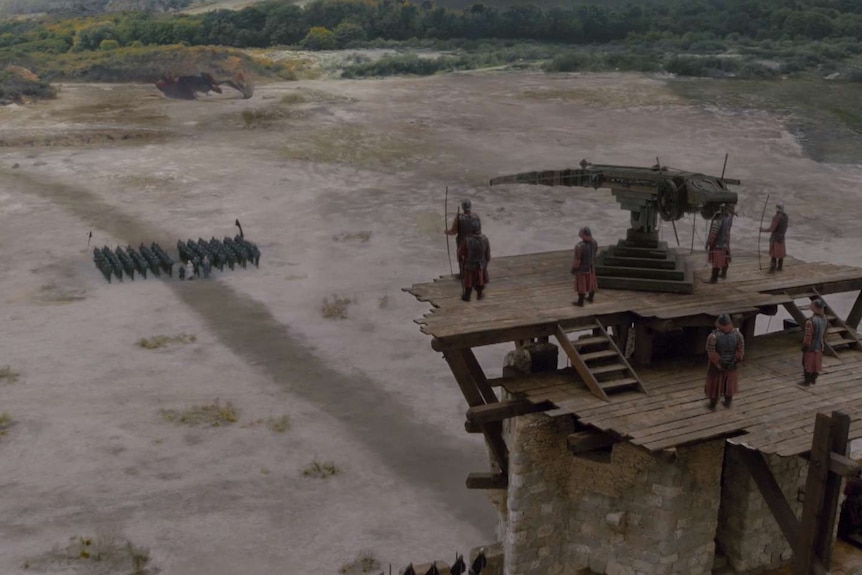 A still image showing a small army at the gate from season 8 of HBO's Game of Thrones