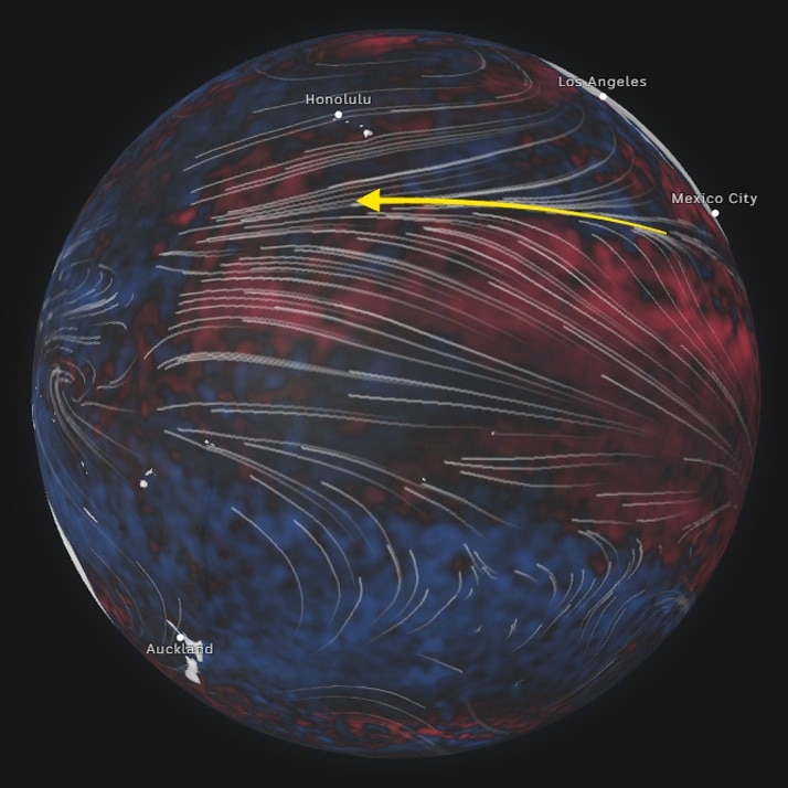 A globe showing wind lines and sea surface temperature with a directional arrow pointing east to west