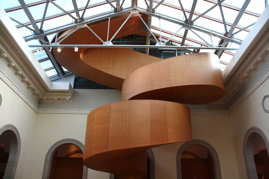 A curved staircase in an Art Gallery of Ontario building designed by Frank Gehry.