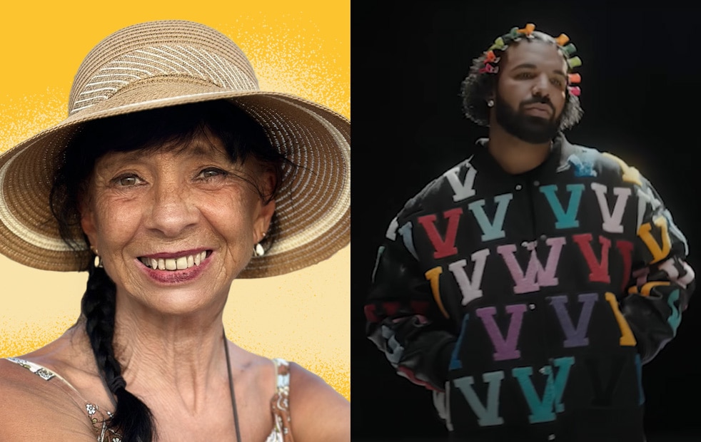 Side by side woman wears a sunhat and smiles and man poses  with big jumper covered in Vs