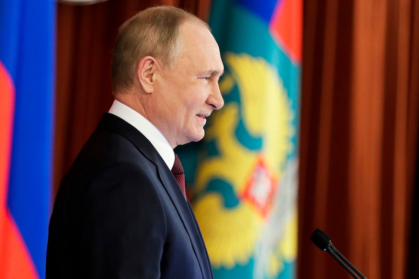 Russian President Vladimir Putin addresses the meeting of the Collegium.