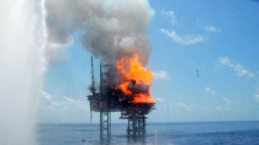 West Atlas oil rig on fire