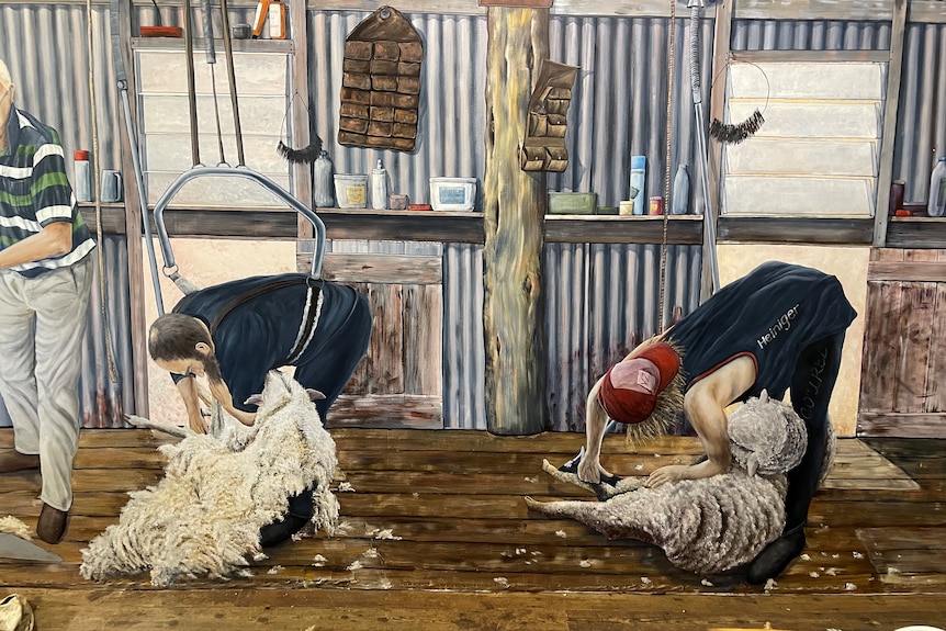 painting of two men shearing sheep