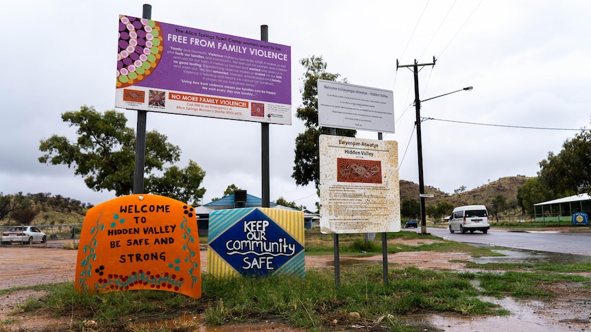 Signs speaking about community safety and freedom from domestic violence in Hidden Valley