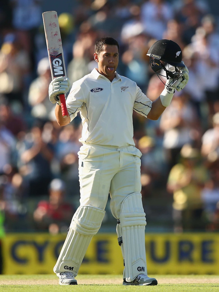 Ross Taylor celebrates reaching a double century against Australia at the WACA