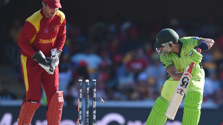 Zimbabwe wicket-keeper Brendan Taylor (L) celebrates as Pakistan's Umar Akmal is out at the Gabba.