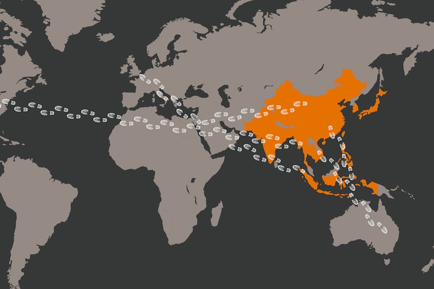一张显示亚洲向全世界出口鞋子的地图。
