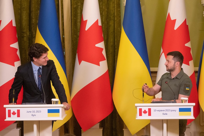 Canadian Prime Minister Justin Trudeau at a conference with Ukrainian President Volodymyr Zelenskyy