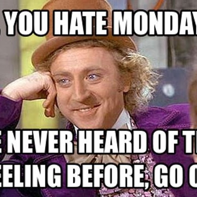 A meme of Gene Wilder saying: "Oh, you hate mondays? I've never heard of that feeling before, go on."